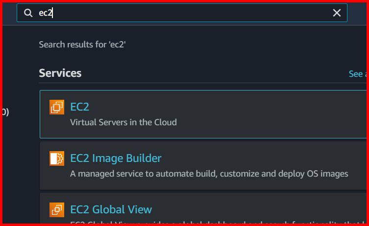 Picture showing searching the word ec2 in the search box